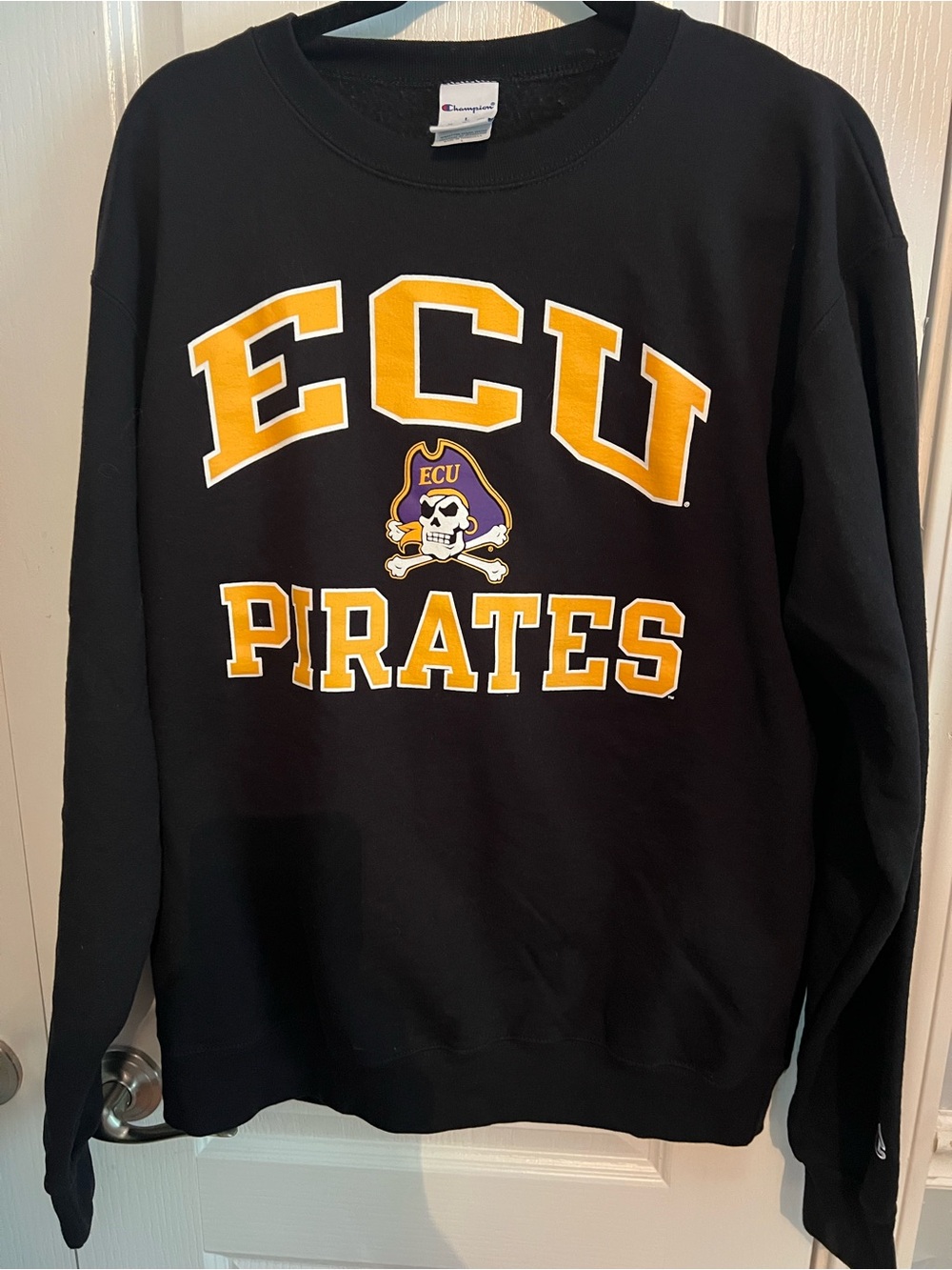 Champion Black ECU Pirates Crewneck with Gold and Purple Logo